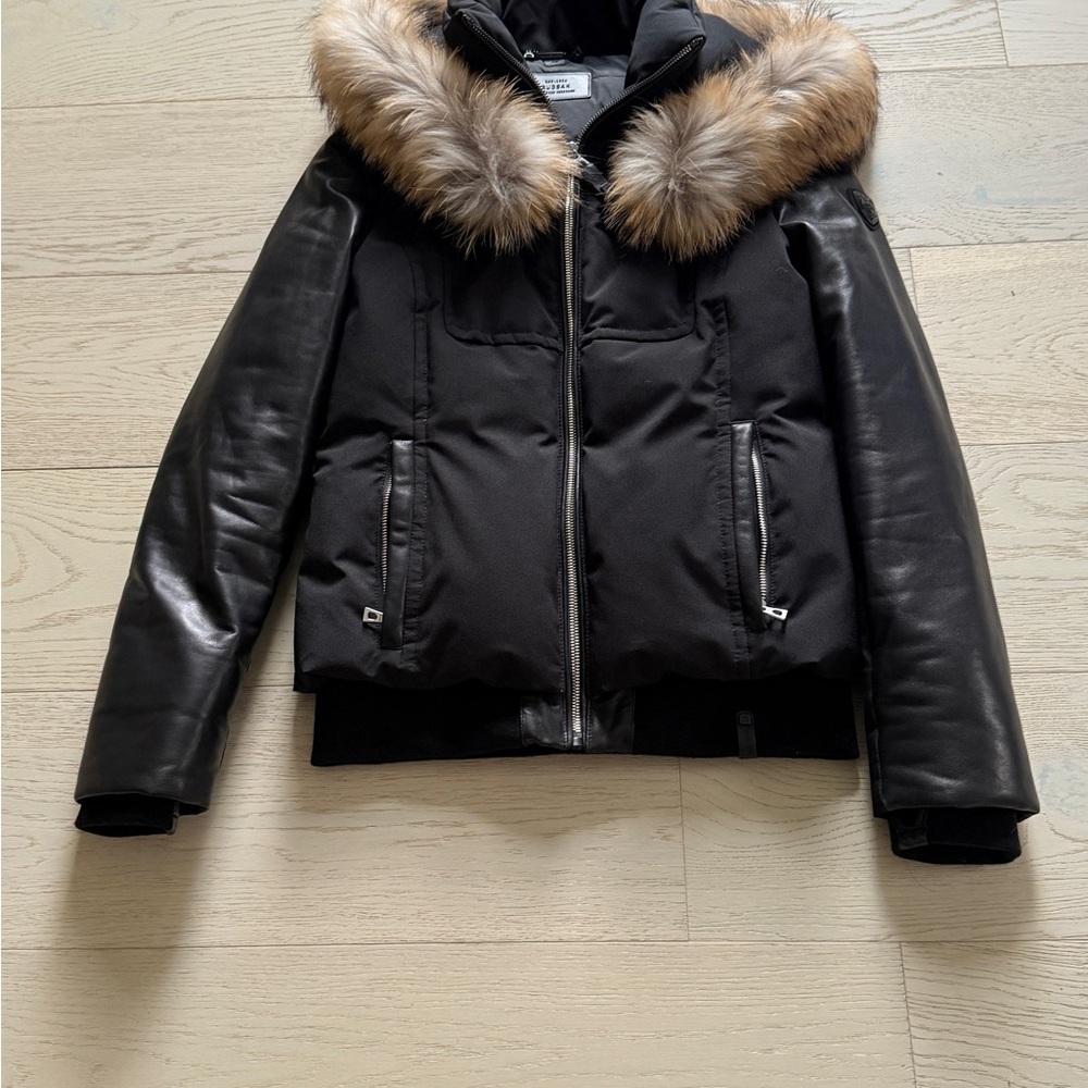 RUDSAK Black Bomber Jacket with Brown Fur Collar